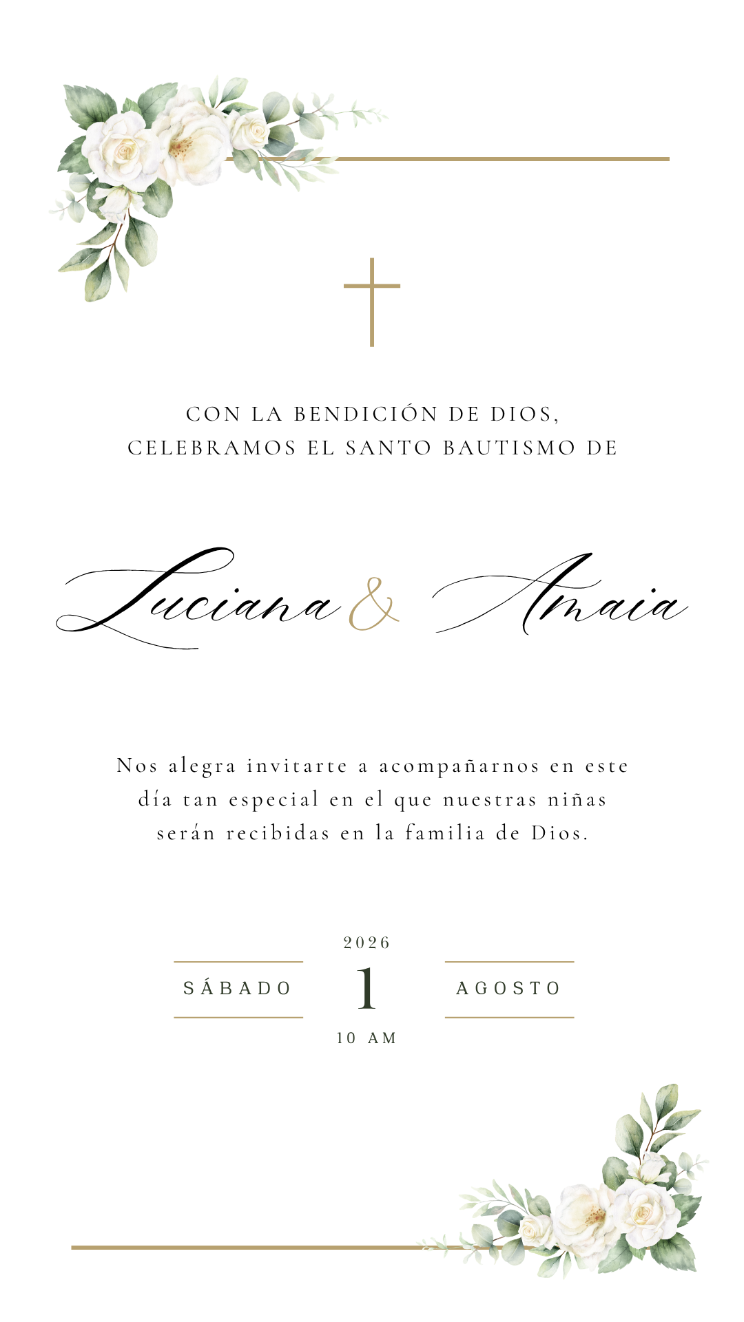 Invitación al bautizo de Luciana y Amaia — Sábado 1 de agosto de 2026, 10:00 a.m.