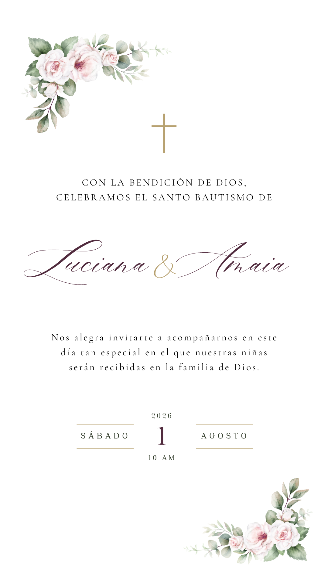Invitación al bautizo de Luciana y Amaia — Sábado 1 de agosto de 2026, 10:00 a.m.